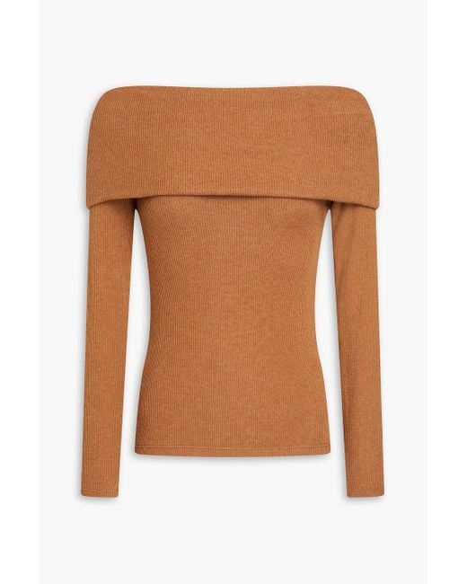 Enza Costa Brown Off-the-shoulder Ribbed-knit Sweater