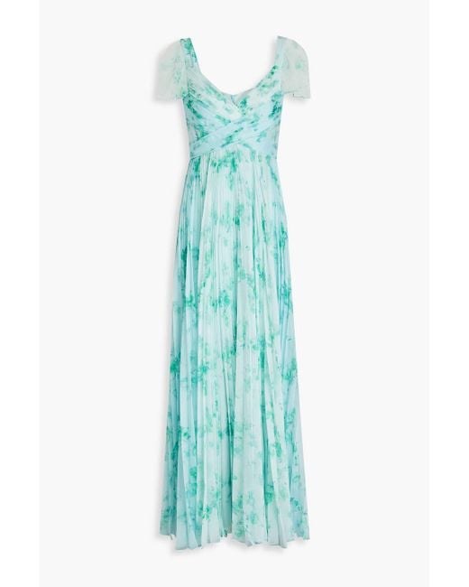 THEIA Blue Pleated Floral-print Chiffon Gown