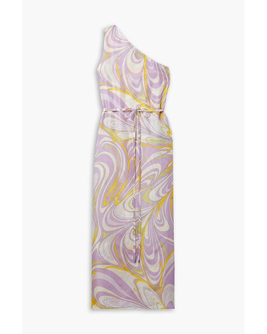 Emilio Pucci White One-shoulder Belted Printed Silk Maxi Dress