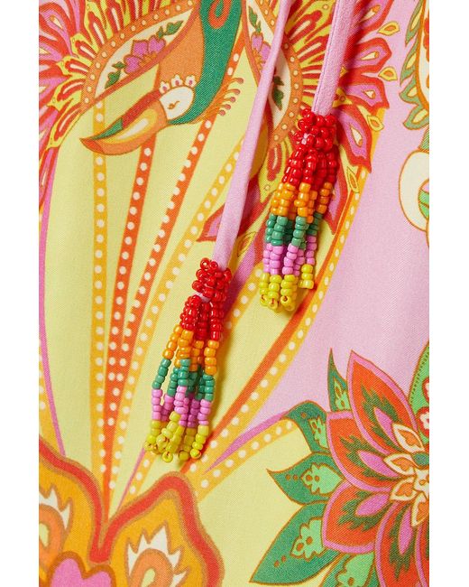 Farm Rio Orange Bead-embellished Printed Satin Mini Dress