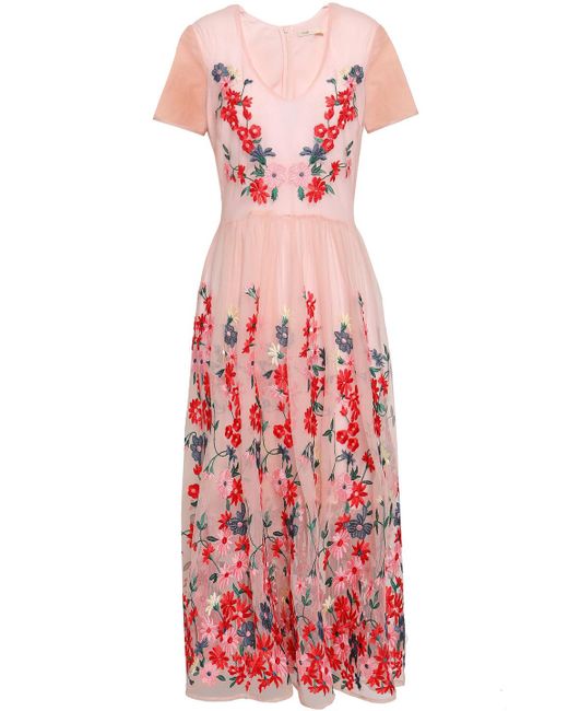 Maje Embroidered Tulle Midi Dress Baby Pink