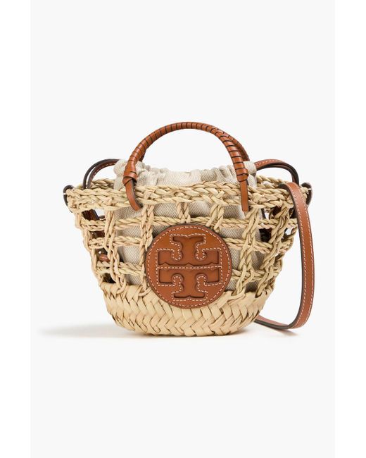 Tory Burch Natural Ella mini tote bag aus stroh mit lederbesatz