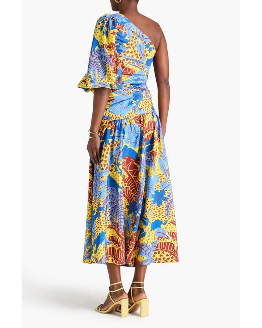 Farm Rio Blue One-sleeve Printed Taffeta Maxi Dress