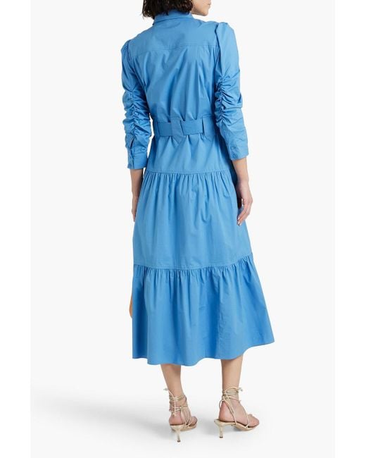 10 Crosby Derek Lam Blue Belted Tiered Cotton-blend Poplin Midi Shirt Dress