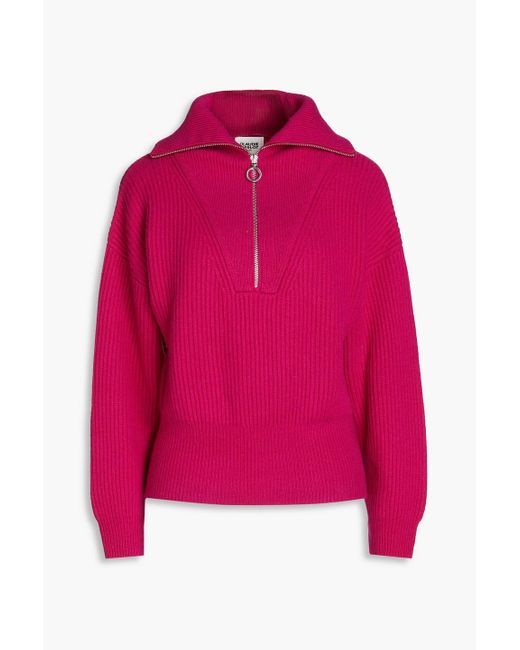 Claudie Pierlot Pink Ribbed Wool And Cashmere-blend Half-zip Sweater