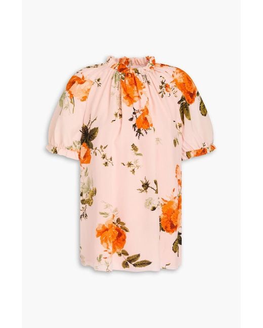 Erdem Orange Ruffled Floral-Print Silk Crepe De Chine Top