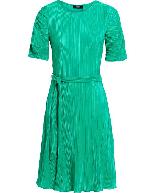 DKNY Belted Plissé-satin Dress in Jade (Green) | Lyst