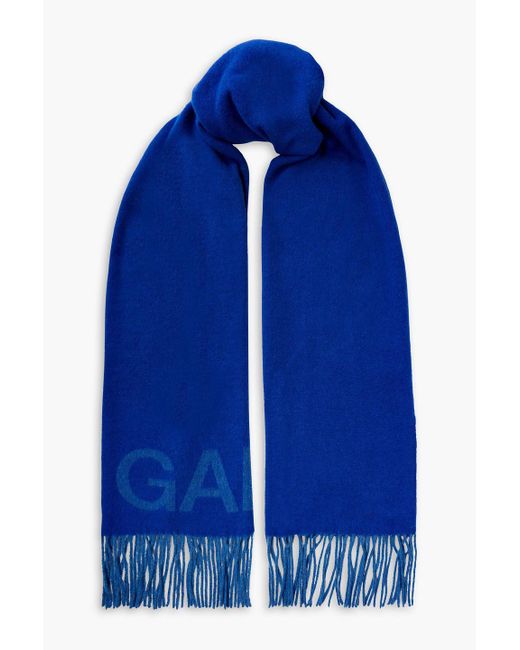 Ganni Blue Fringed Logo-jacquard Wool Scarf