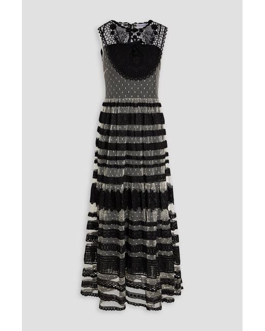RED Valentino Black Crocheted Lace-paneled Point D'esprit Midi Dress