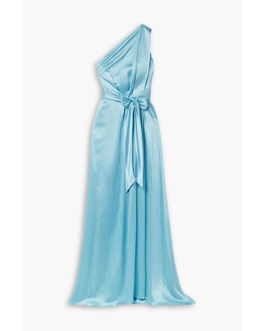 Monique Lhuillier Blue Robe aus seidensatin mit asymmetrischer schulterpartie