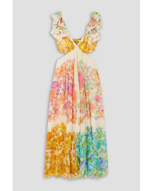 Zimmermann Multicolor Raie Cutout Ruffled Printed Cotton And Silk-blend Chiffon Midi Dress