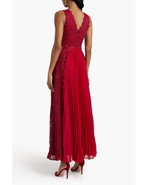 Zac Posen Red Pleated Corded Lace And Chiffon Gown