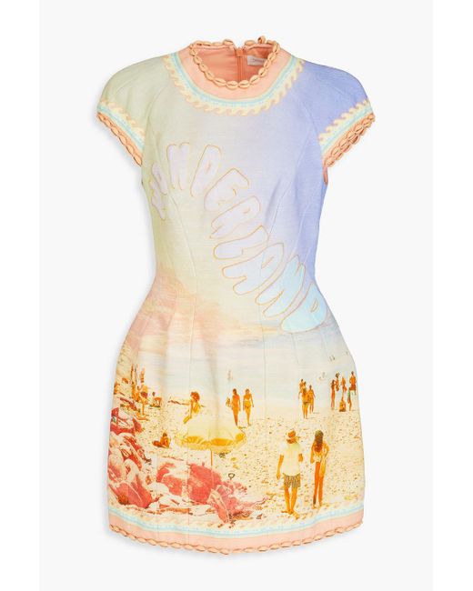 Zimmermann Gray Printed Cotton And Linen-blend Mini Dress