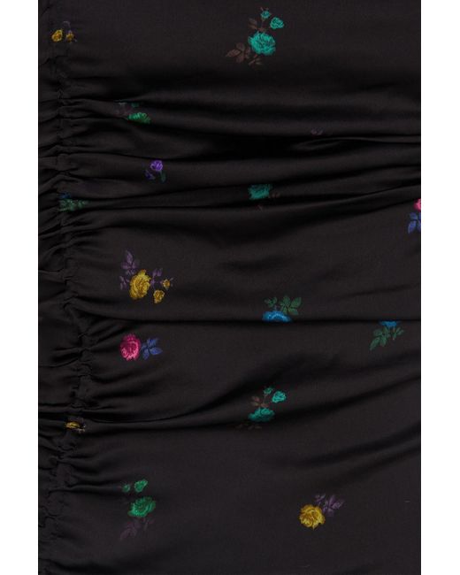 Ganni Black Ruched Floral-print Satin Midi Dress