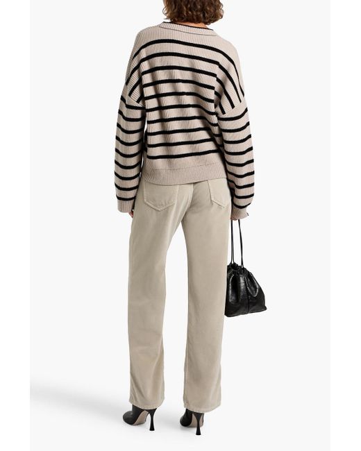 Brunello Cucinelli White Bead-Embellished Striped Ribbed Cashmere Sweater