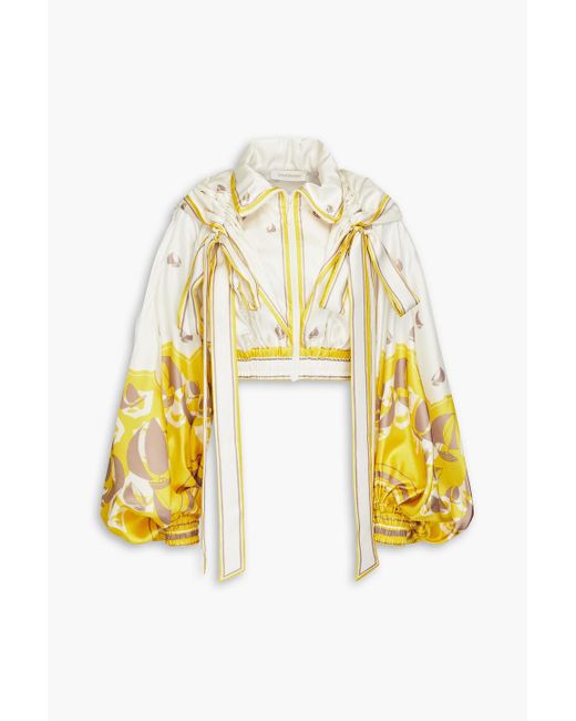 Zimmermann Yellow Cropped Printed Silk-twill Hooded Jacket
