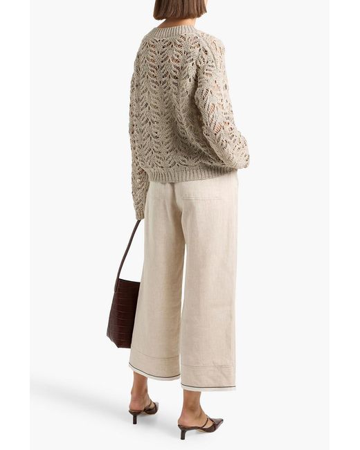 Brunello Cucinelli Natural Sequin-Embellished Crochet-Knit Linen-Blend Sweater