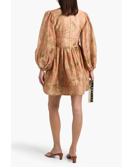 Zimmermann Natural Embroidered Floral-Print Linen And Silk-Blend Gauze Mini Dress