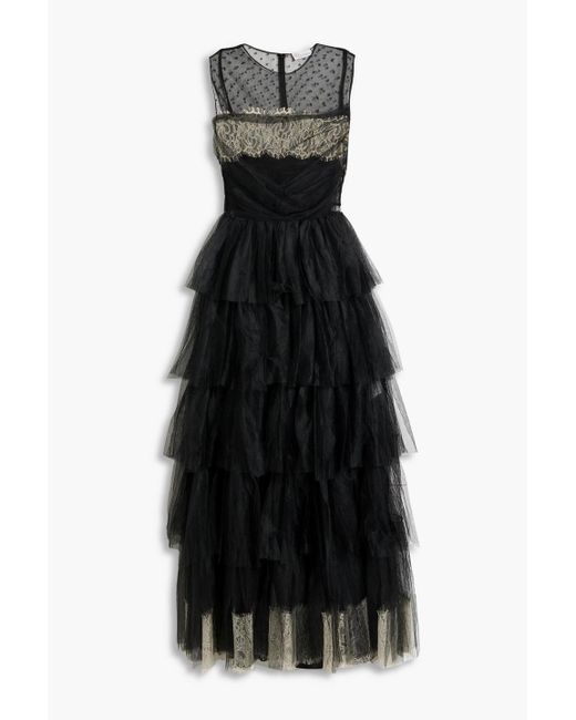 RED Valentino Black Tiered Lace-trimmed Point D'esprit And Tulle Gown