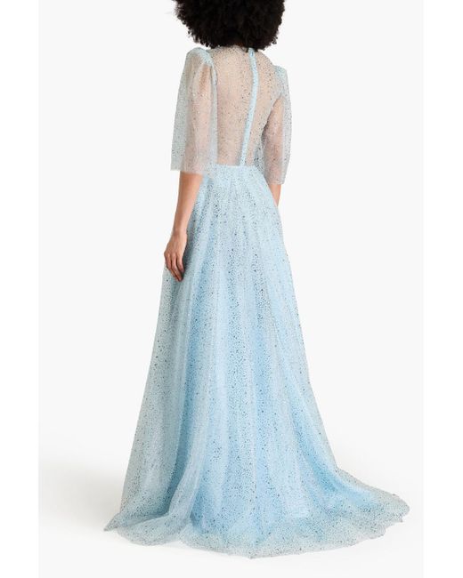 Costarellos Blue Glittered Tulle Gown