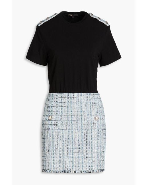 Maje Black Fringed Tweed Jersey Mini Dress