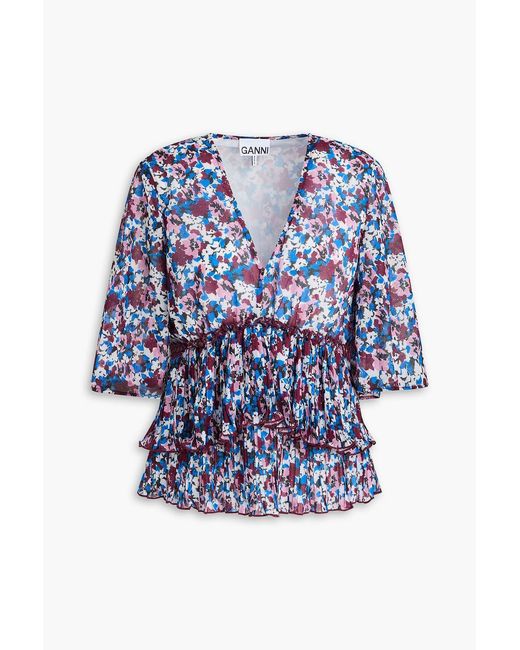 Ganni Blue Pleated Floral-Print Georgette Top