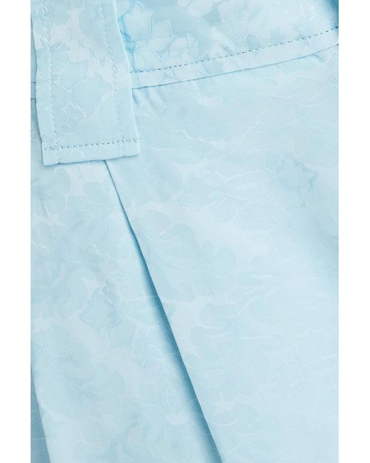 Ganni Blue Cropped Pleated Satin-Jacquard Wide-Leg Pants