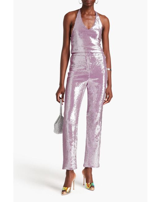 ROTATE BIRGER CHRISTENSEN Pink Sequined Stretch-mesh Straight-leg Pants