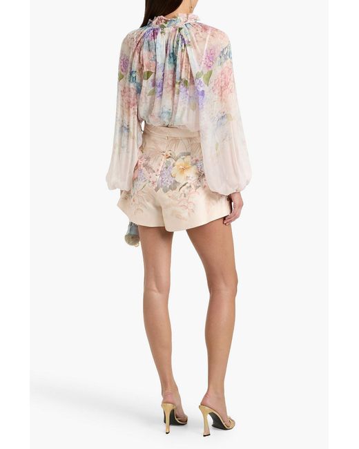 Zimmermann Pink Belted Floral-Print Silk And Cotton-Blend Shorts