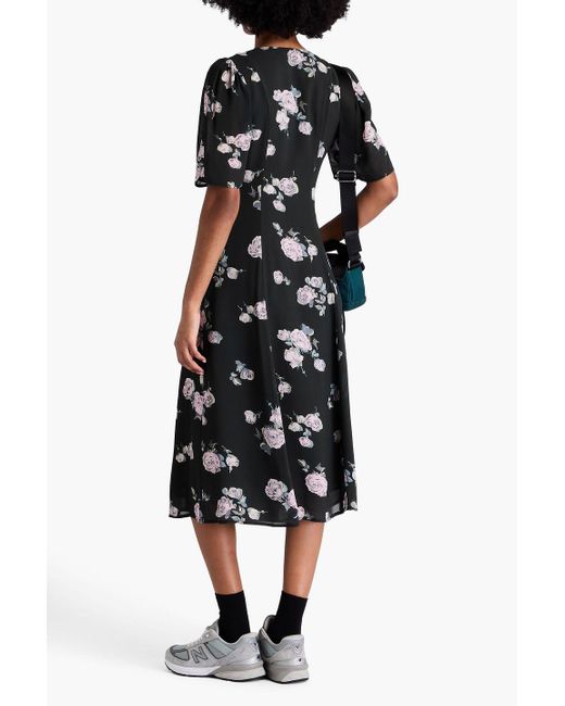 Ganni Black Midi-wickelkleid aus crêpe mit floralem print