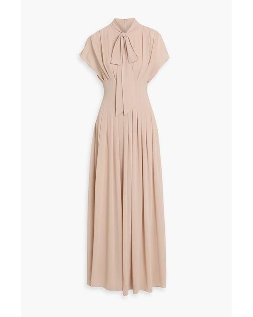Mikael Aghal Natural Pussy-Bow Pleated Chiffon Maxi Dress