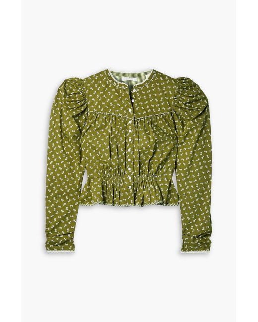 Doen Green Amelia Floral-print Gathered Cotton-poplin Shirt