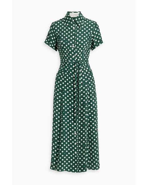 HVN Green Cristina Polka-dot Silk Midi Shirt Dress