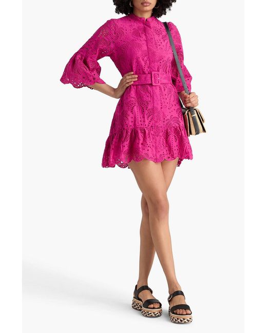 Farm Rio Pink Belted Broderie Anglaise Cotton Mini Dress