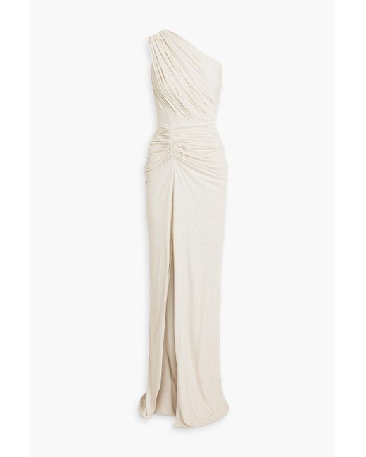 Rhea Costa White One-shoulder Ruched Glittered Jersey Gown