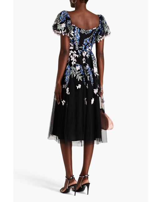 Marchesa Black Embroidered Tulle Midi Dress