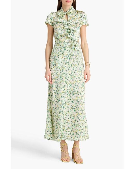 Saloni Green Kelly Bow-Detailed Cutout Floral-Print Silk-Satin Maxi Dress
