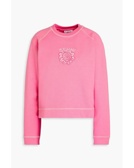 Ganni Pink Embroidered Cotton-fleece Sweatshirt