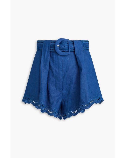 Farm Rio Blue Richelieu Broderie Anglaise-trimmed Belted Linen Shorts