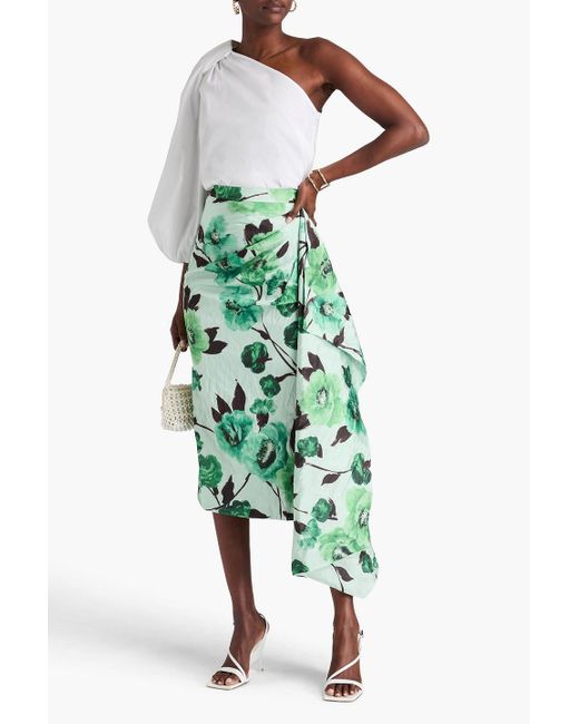 Erdem Green Draped Floral-print Crinkled-taffeta Midi Skirt