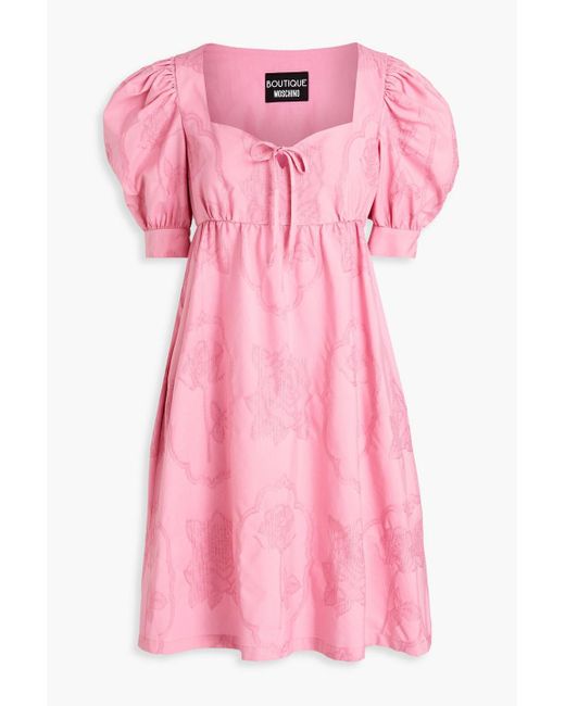 Boutique Moschino Pink Bow-detailed Gathered Cotton-jacquard Mini Dress