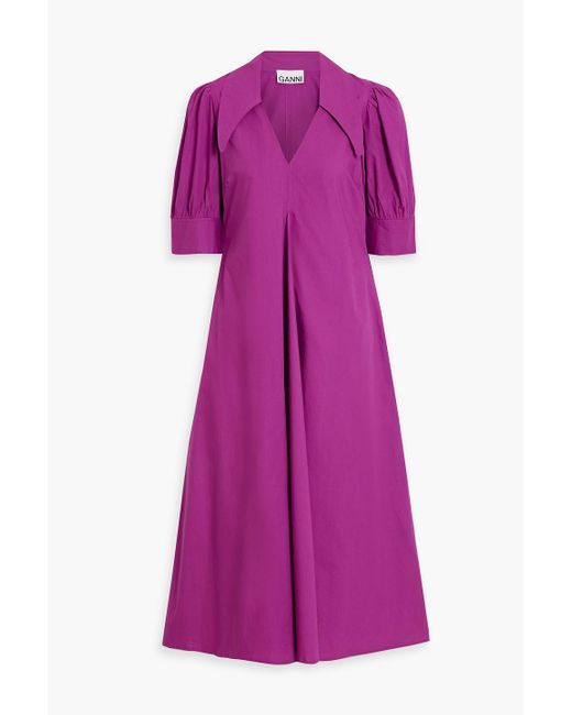 Ganni Purple Pleated Cotton-poplin Midi Shirt Dress