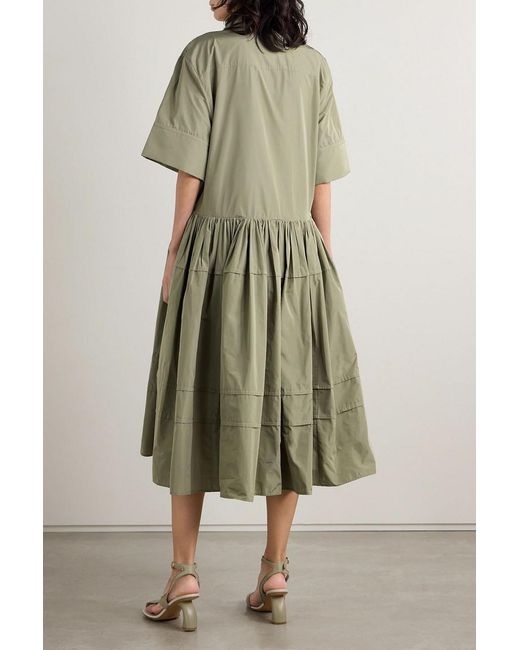 Jil Sander Green Pleated Sateen Midi Shirt Dress