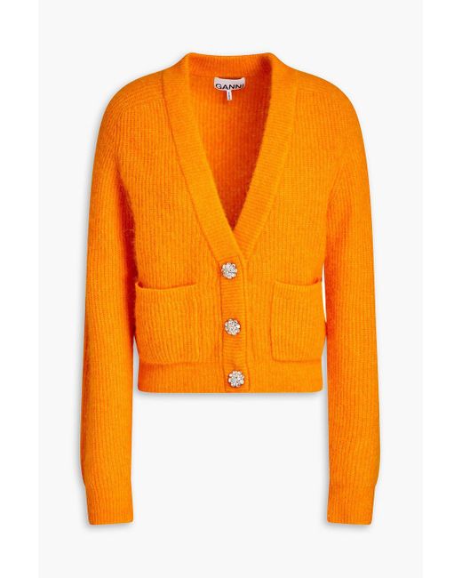 Ganni Orange Crystal-embellished Wool-blend Cardigan