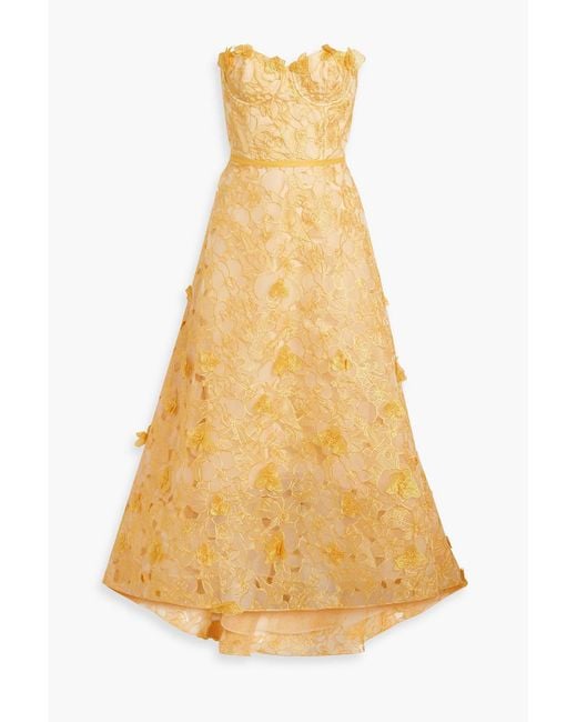 Marchesa Yellow Strapless Layered Embroidered Organza And Tulle Gown