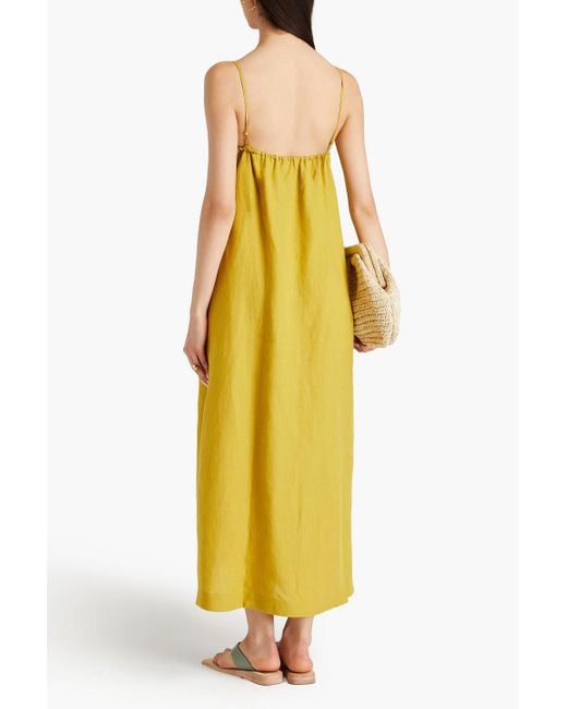 Casa Raki Yellow Lara Cutout Twisted Linen Midi Dress
