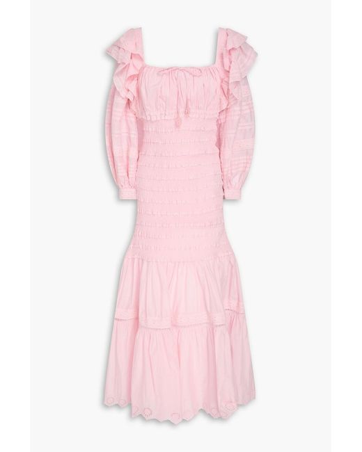 Farm Rio Pink Ruffled Broderie Anglaise Cotton Midi Dress