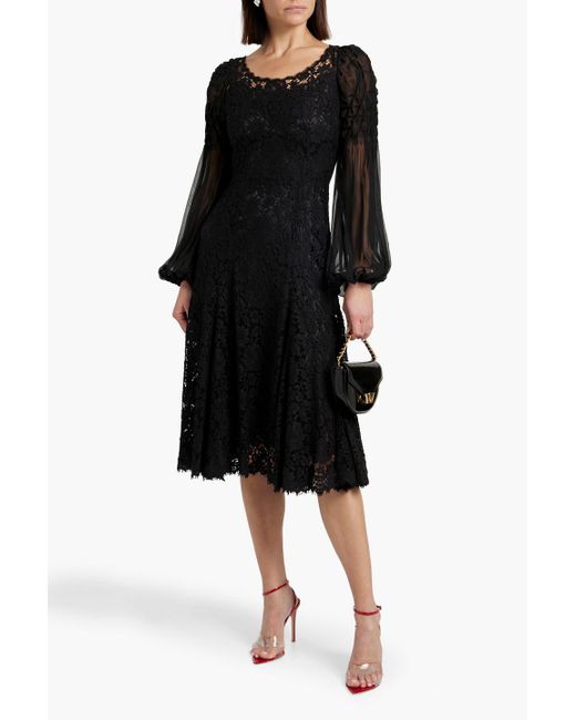 Dolce & Gabbana Black Cotton-blend Corded Lace And Chiffon Midi Dress