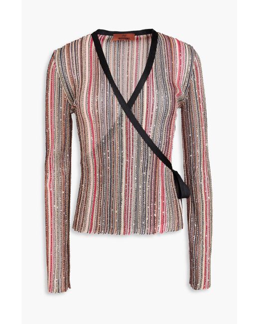 Missoni Brown Sequin-embellished Striped Ribbed-knit Wrap Cardigan