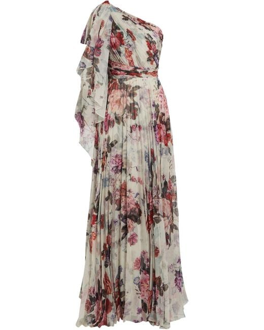 Marchesa White One-shoulder Pleated Floral-print Chiffon Gown
